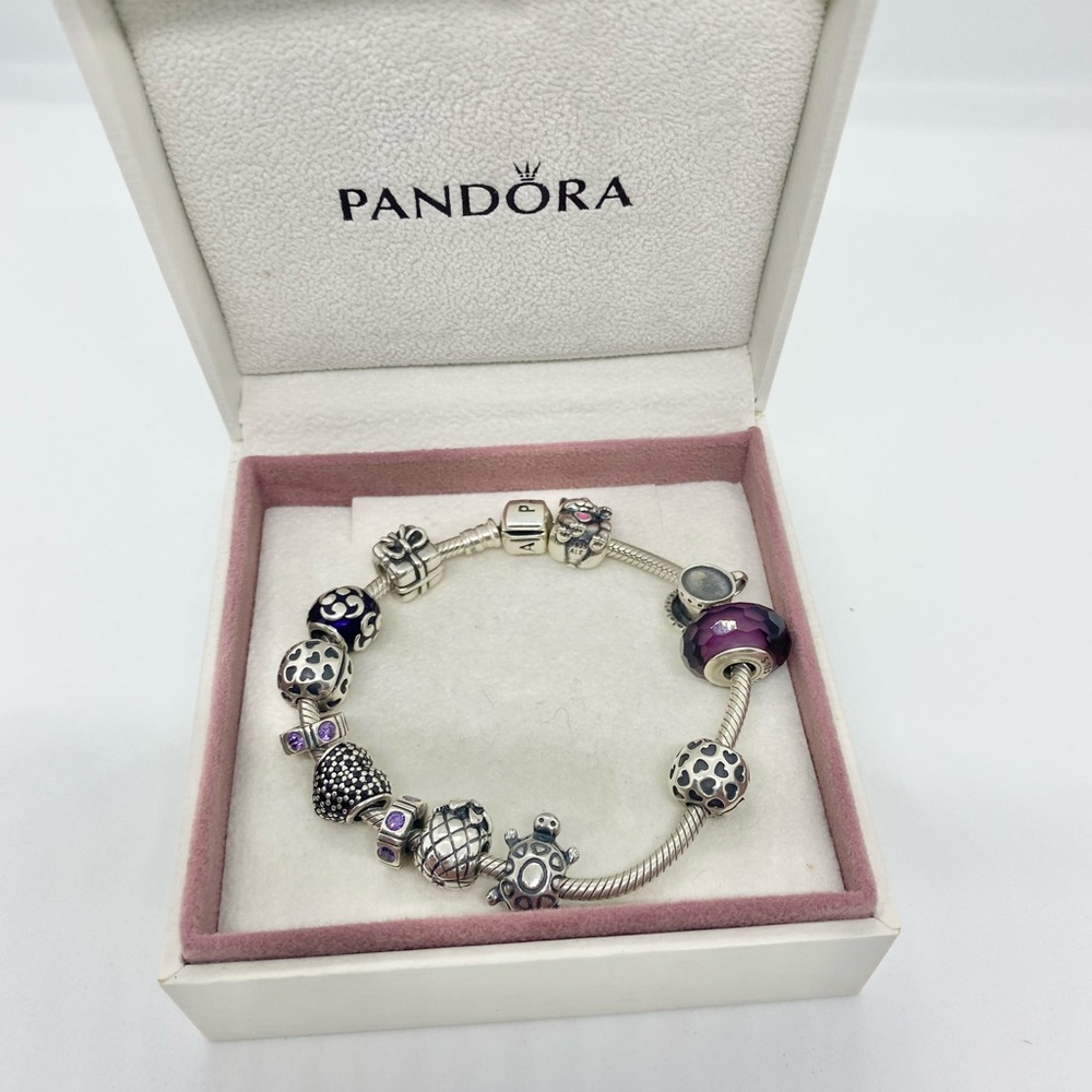 Pandora Sterling Silver Snake Bracelet with 12 charms, some retired designs.